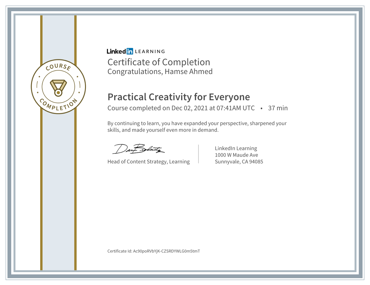 Practical Creativity for Everyone Certificate